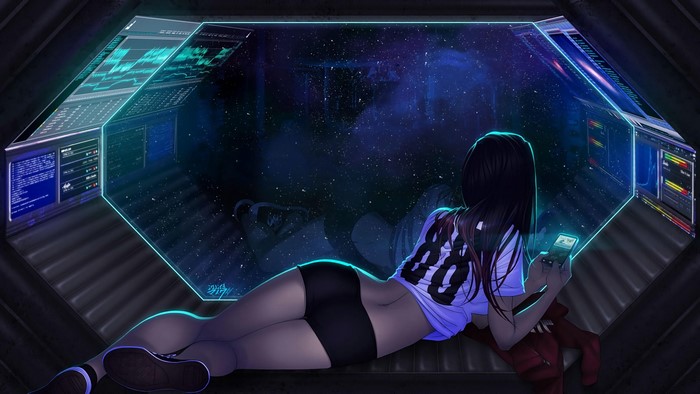 Brunette girl with smartphone in spaceship