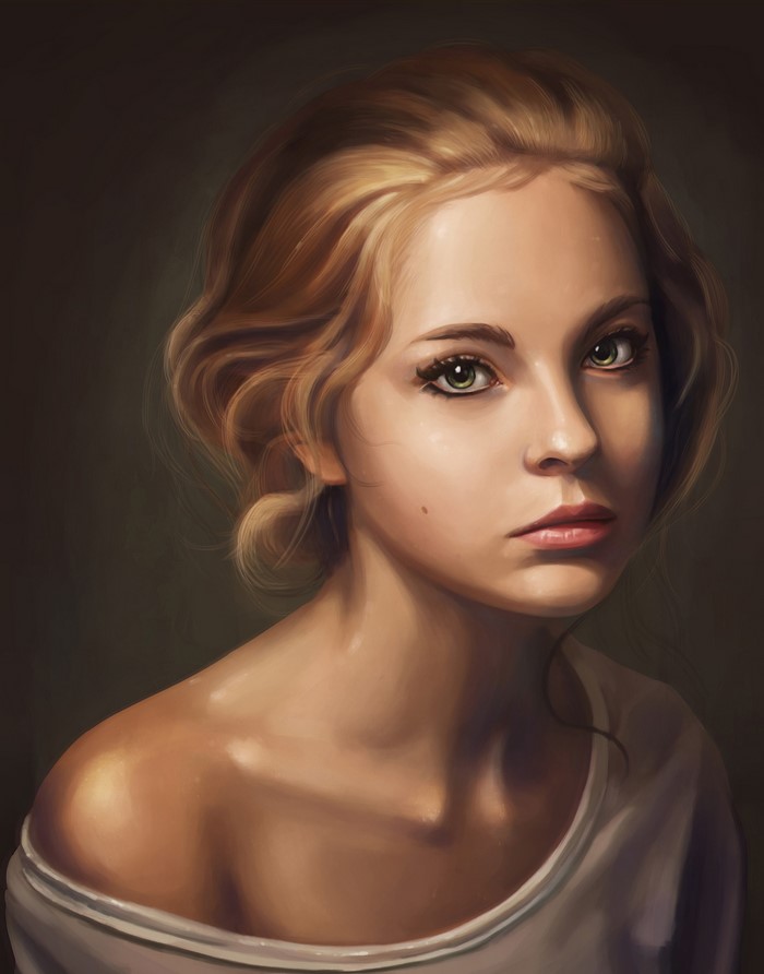 Painting of a brown-haired woman glancing sideways