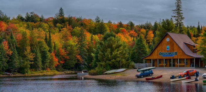 Canoe Lake Ontario Canada Autumn Forest and Building