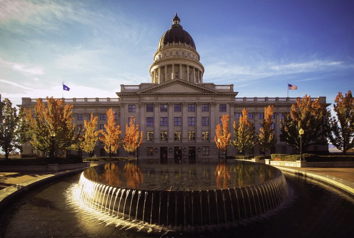 Utah State Capitol Building with Fountain in Autumn