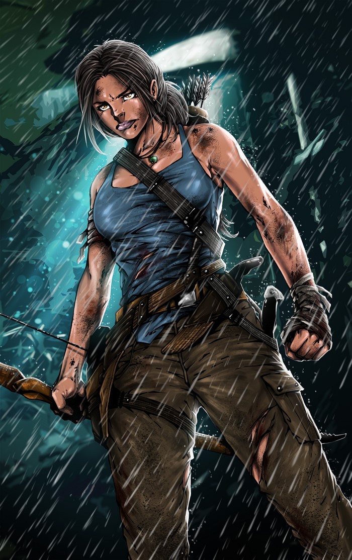 Lara Croft from Tomb Raider in the rain