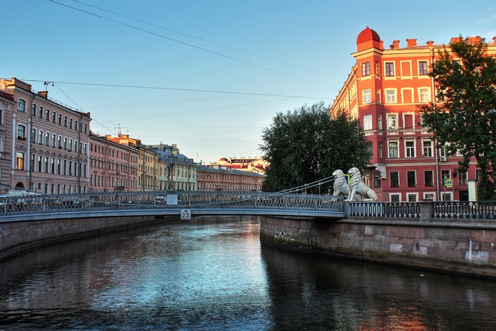Lion Bridge over canal in St. Petersburg, Russia