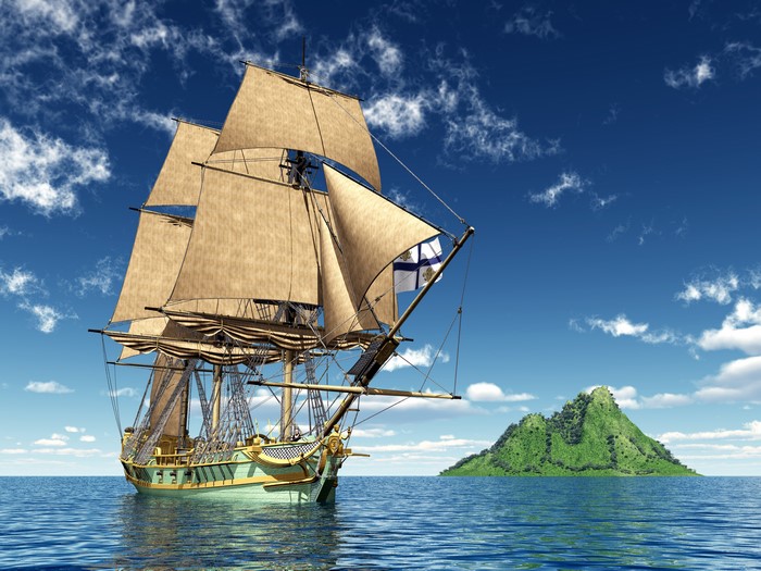 Sailing Ship Approaches Tropical Island