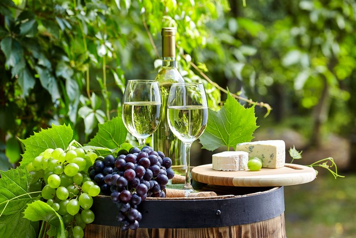 Wine bottle and glasses with grapes and cheese