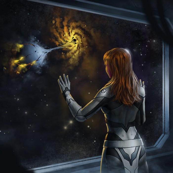 Woman in spacesuit looking at a black hole