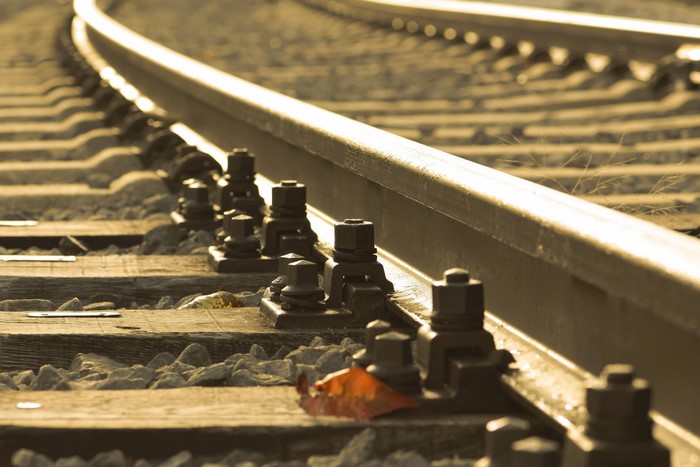 Close-up of railroad tracks and fasteners
