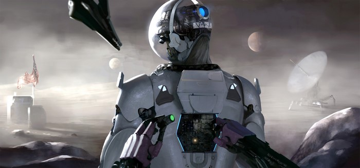 Robot being repaired on an alien planet