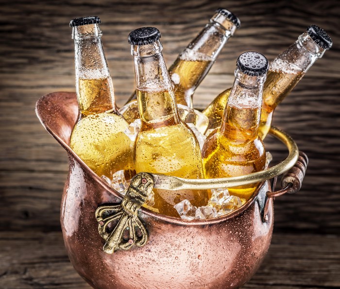 Bottles of beer in an ice bucket