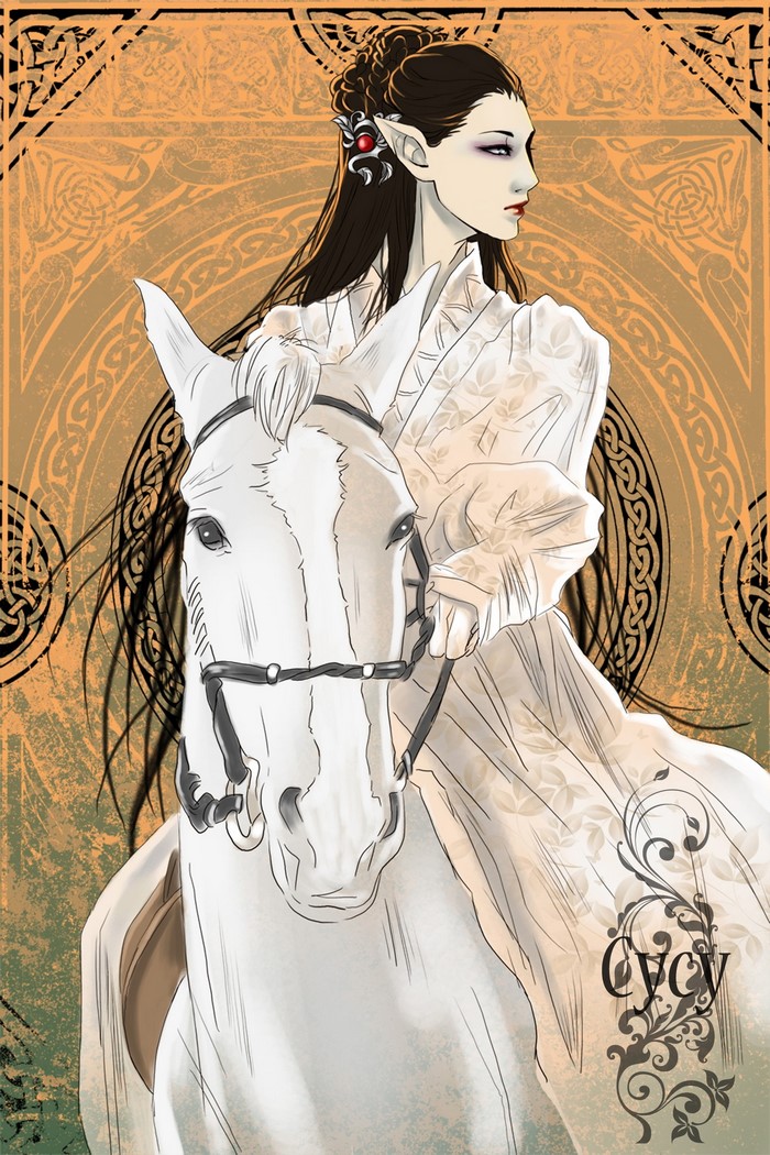 Elf woman riding a white horse