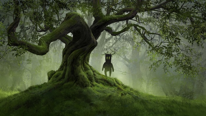 A creature with antlers stands near a mossy tree in a forest