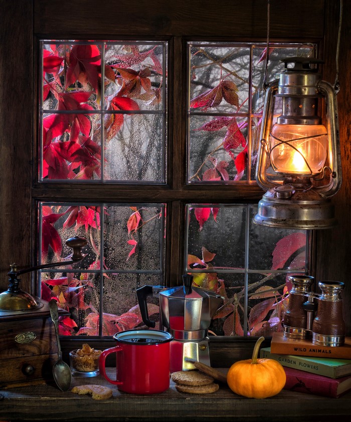 Cozy Autumn Window Scene with Coffee and Lantern