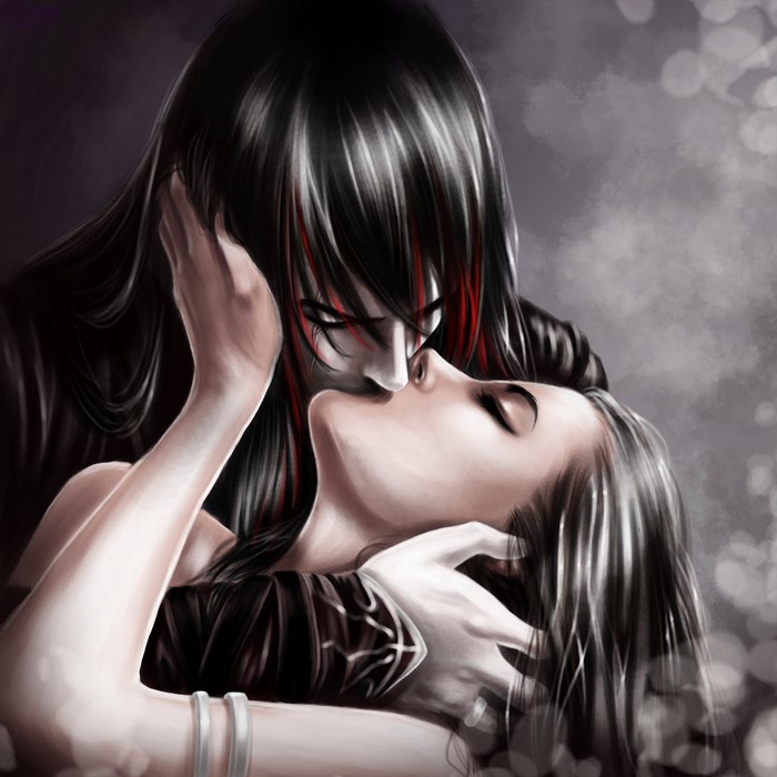 Two figures kissing passionately