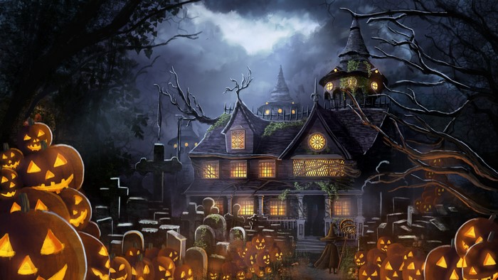 Halloween Cemetery with Haunted House and Pumpkins