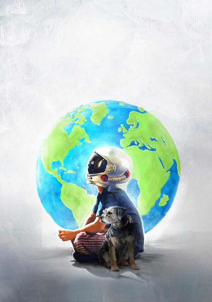 Boy in astronaut helmet with dog in front of Earth
