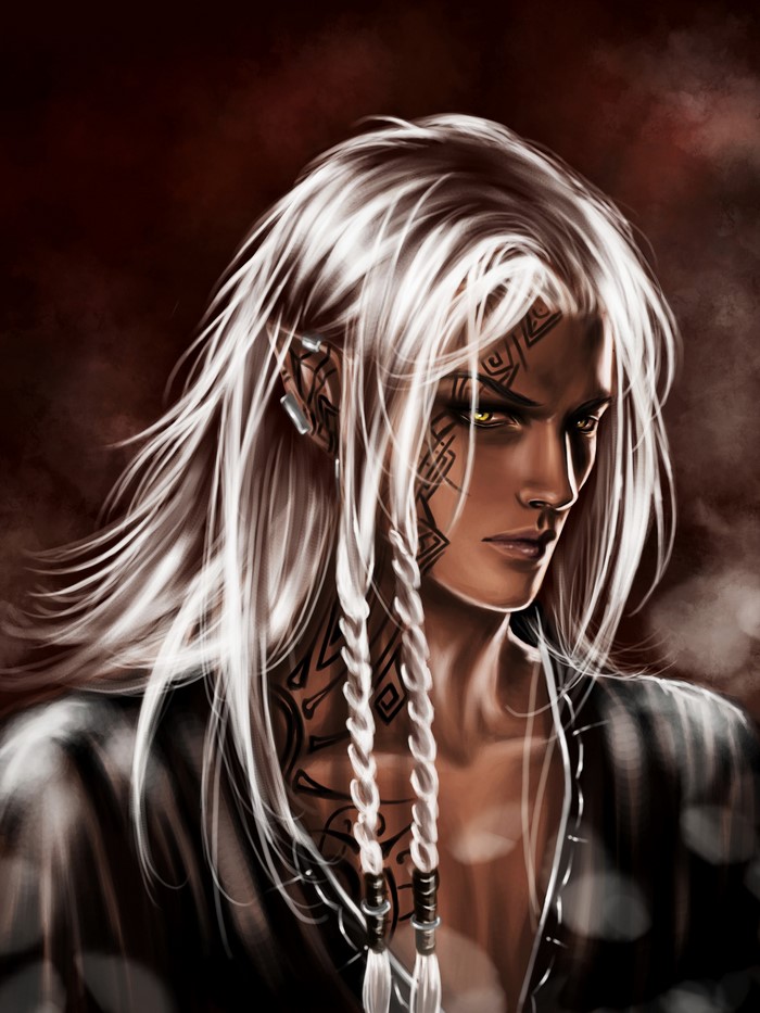Elf with white hair and tattoos