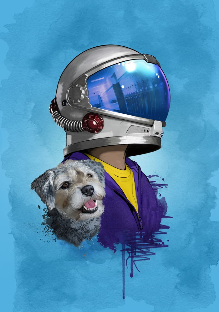 Astronaut helmet with dog and person
