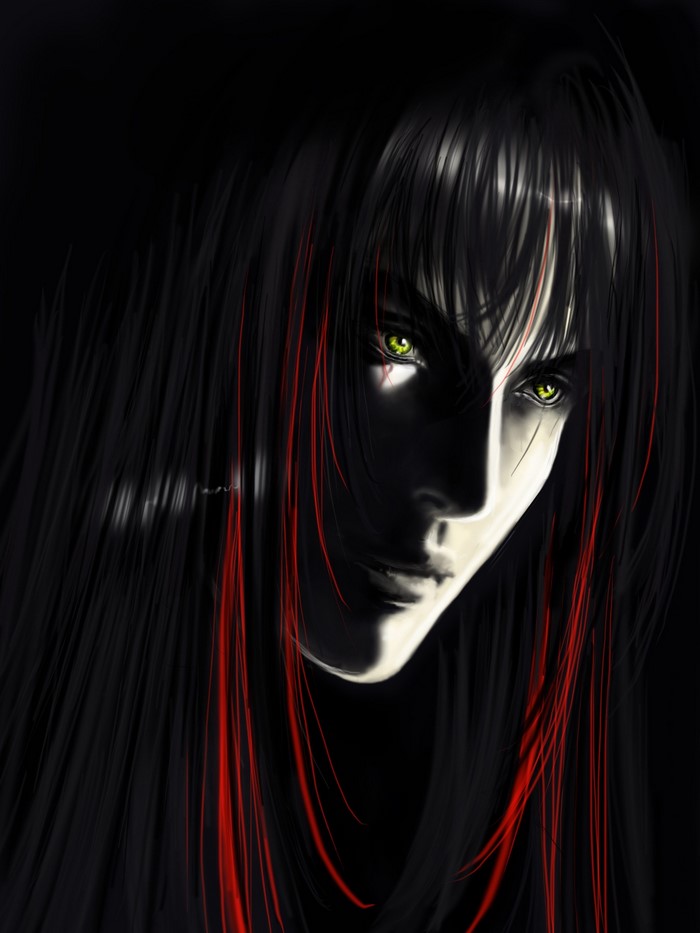 Painting of a person with black hair and red streaks