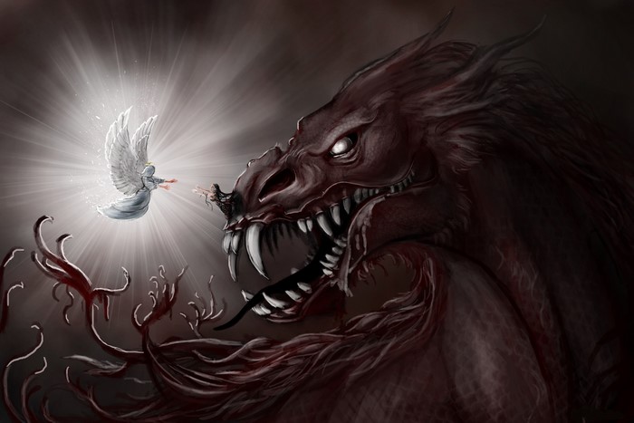 Angel confronts a demonic dragon with sharp teeth