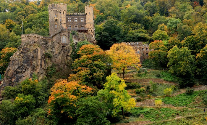 Marksburg Castle on a crag in autumn forest, Germany