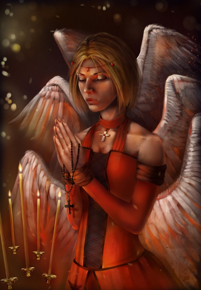 Angel praying with rosary and candles