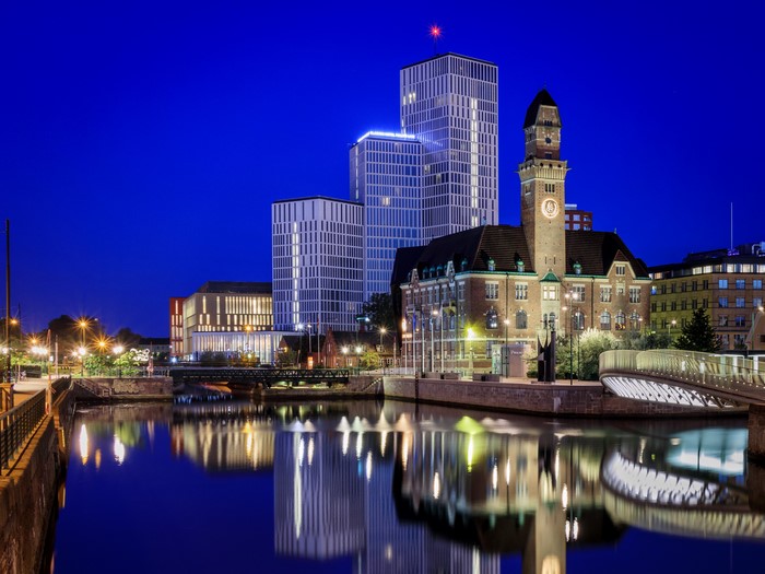 Malmo City Hall and modern buildings at night