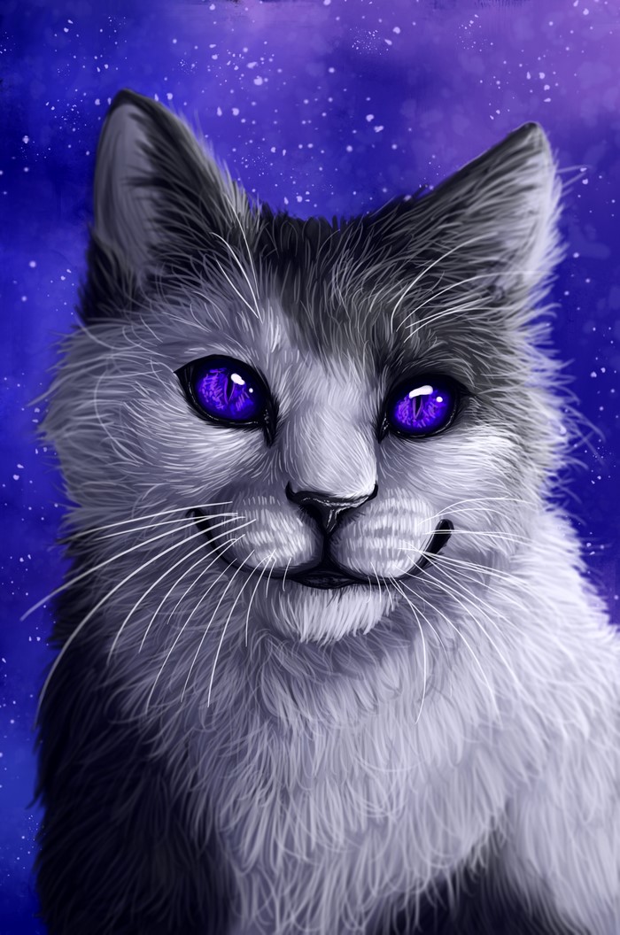 Cat with Purple Eyes and Starry Background