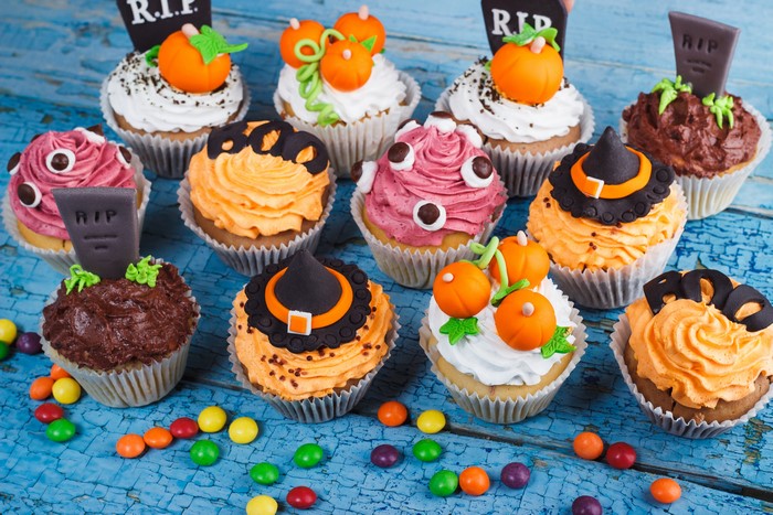 Halloween Cupcakes with Candy and Tombstones