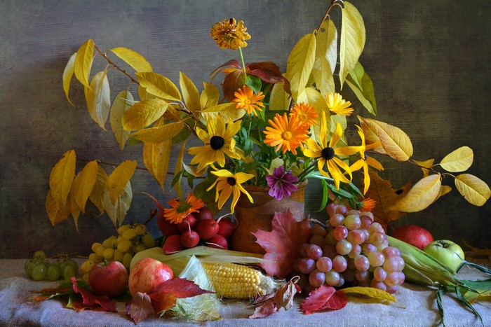 Still-life with Grapes, Apples, Corn, and Flowers