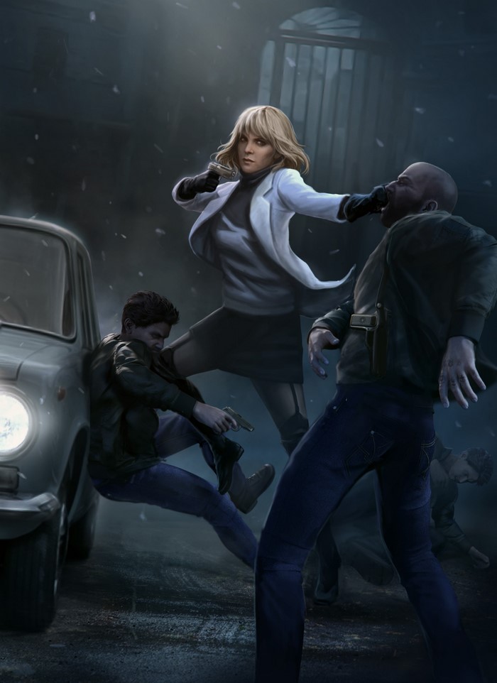 Atomic Blonde fan art: Woman fighting men near car