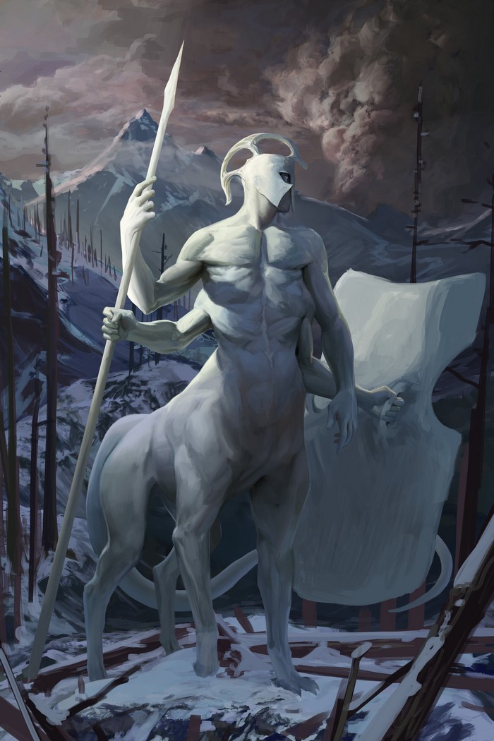 Centaur with a spear in a snowy landscape