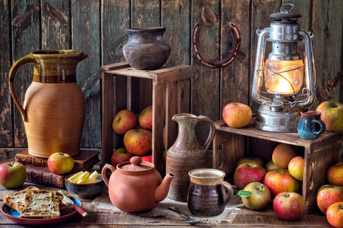 Still-life with apples, jugs, and kerosene lamp
