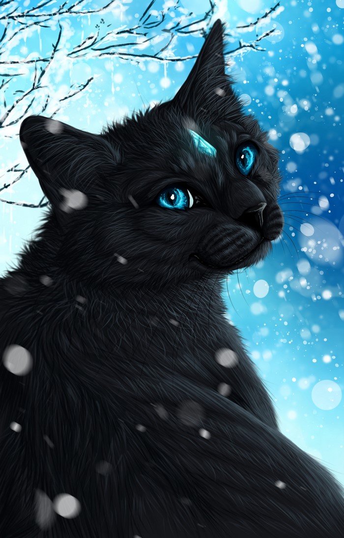Mystical Black Cat with Blue Eyes in Snow