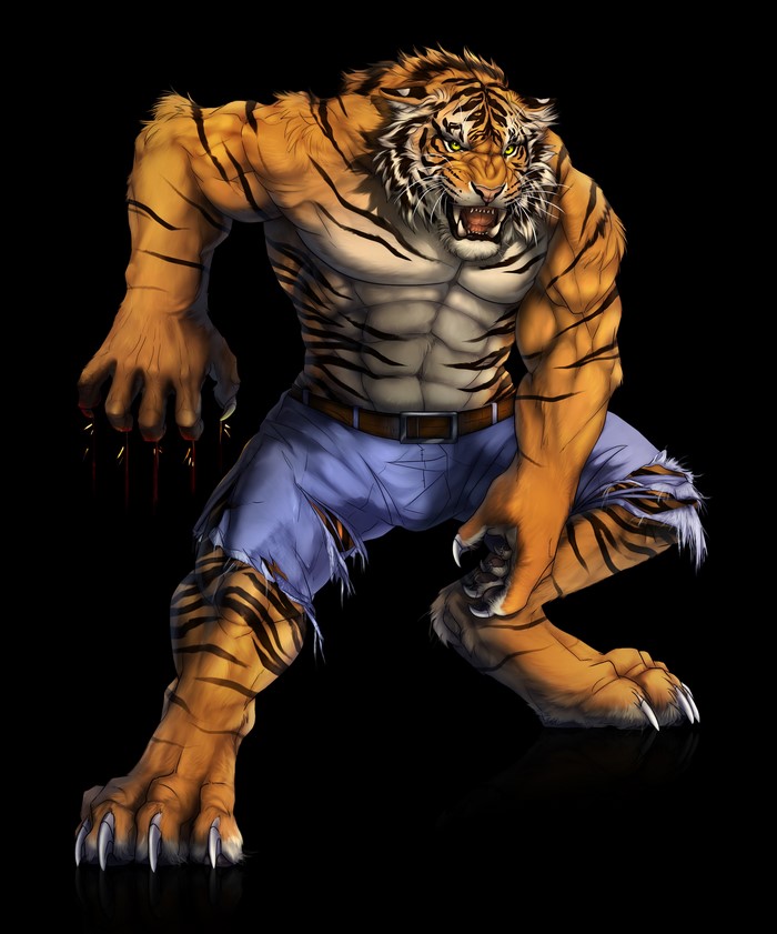 Were-tiger man with ripped jeans on black background