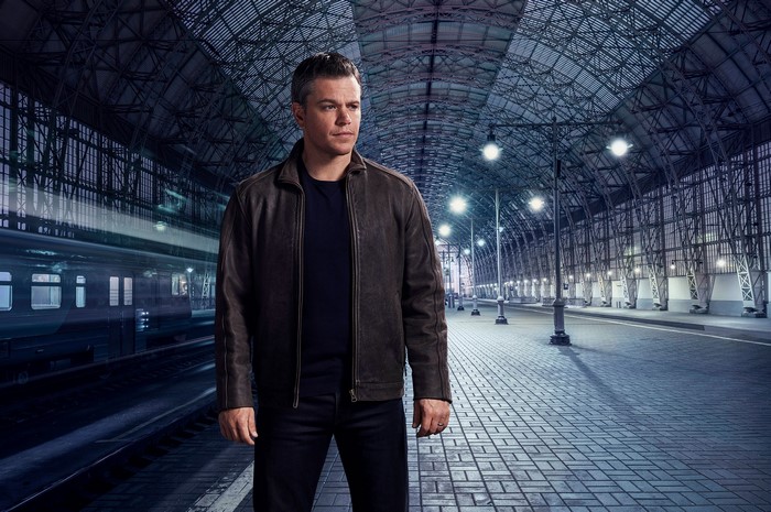Matt Damon as Jason Bourne in a train station