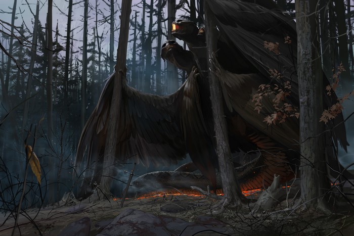 Dragon with multiple heads in a dark forest