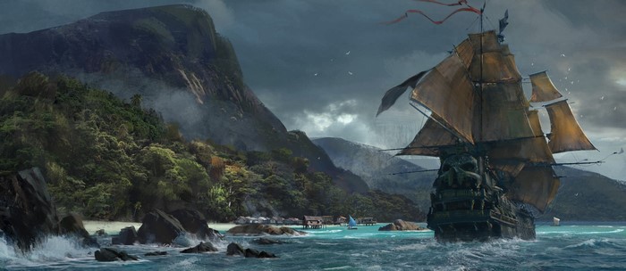 Pirate Ship Sailing Near Tropical Island
