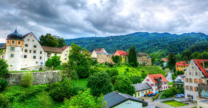Houses in Bregenz, Austria with forested hills