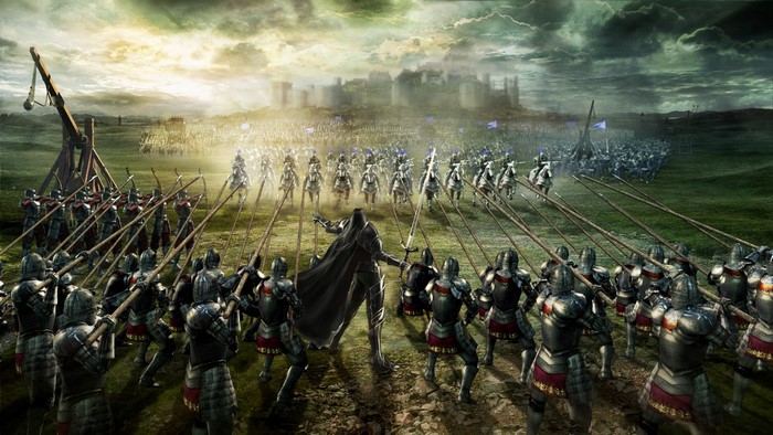 Knights and warriors in formation with a castle in the background