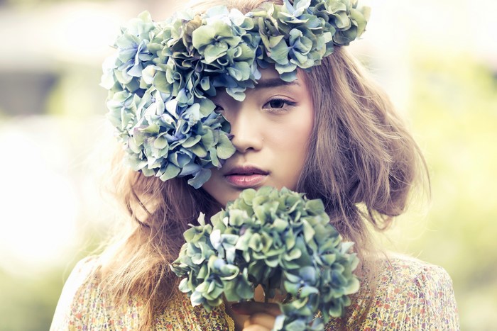 Asian woman with hydrangea flower crown