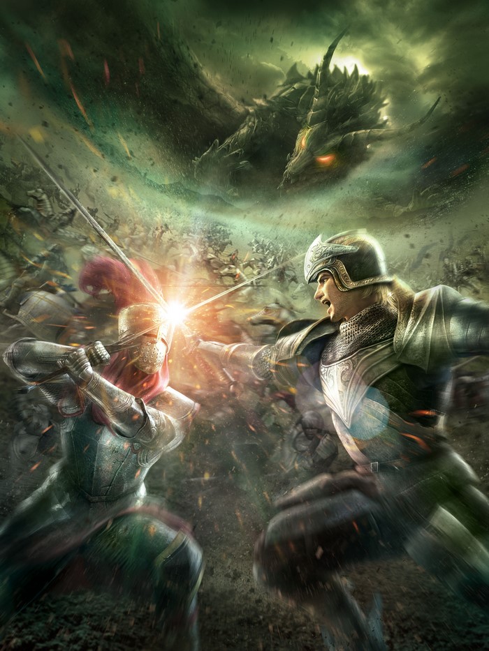 Knights battling a dragon in a war