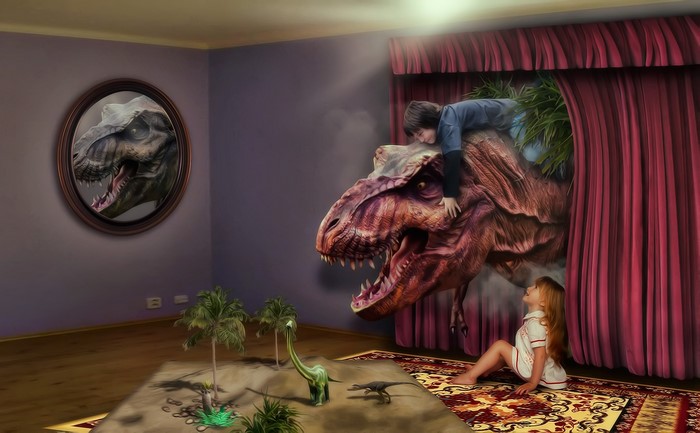 Children interact with a T-Rex and dinosaurs in a room