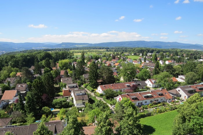 Residential neighborhood with houses and trees in Basel, Switzerland