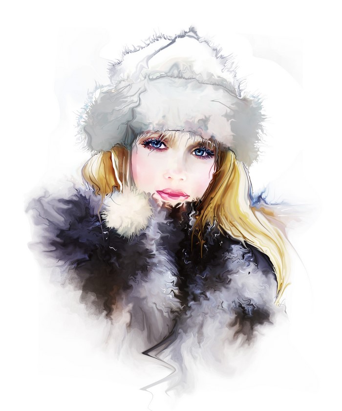 Painting of a blonde girl in a winter hat and fur coat