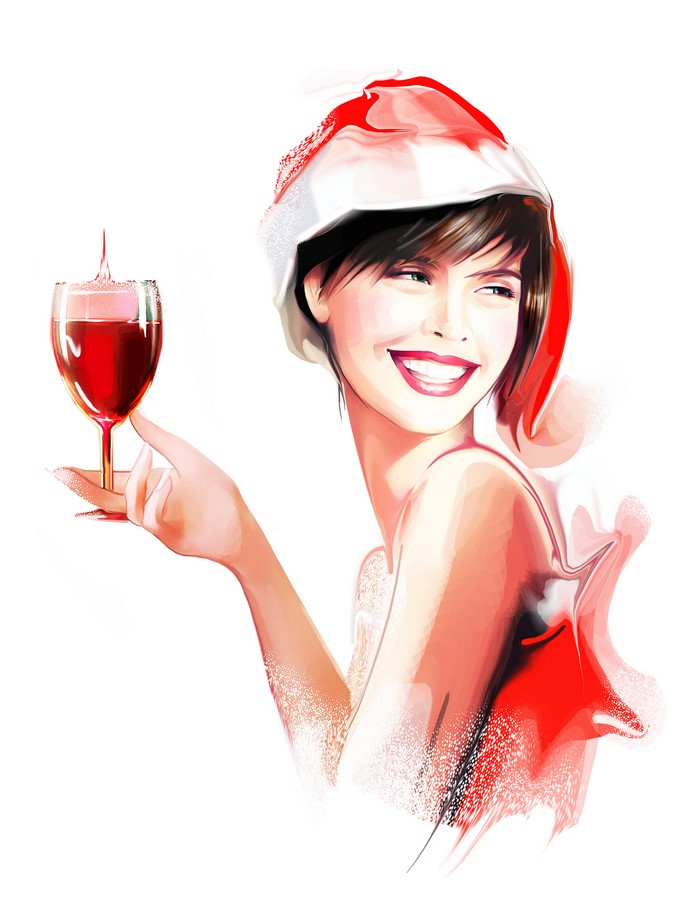 Woman in Santa hat holding wine glass