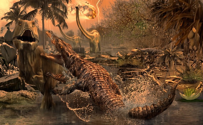 Tyrannosaurus Rex and Crocodile fight during meteor shower