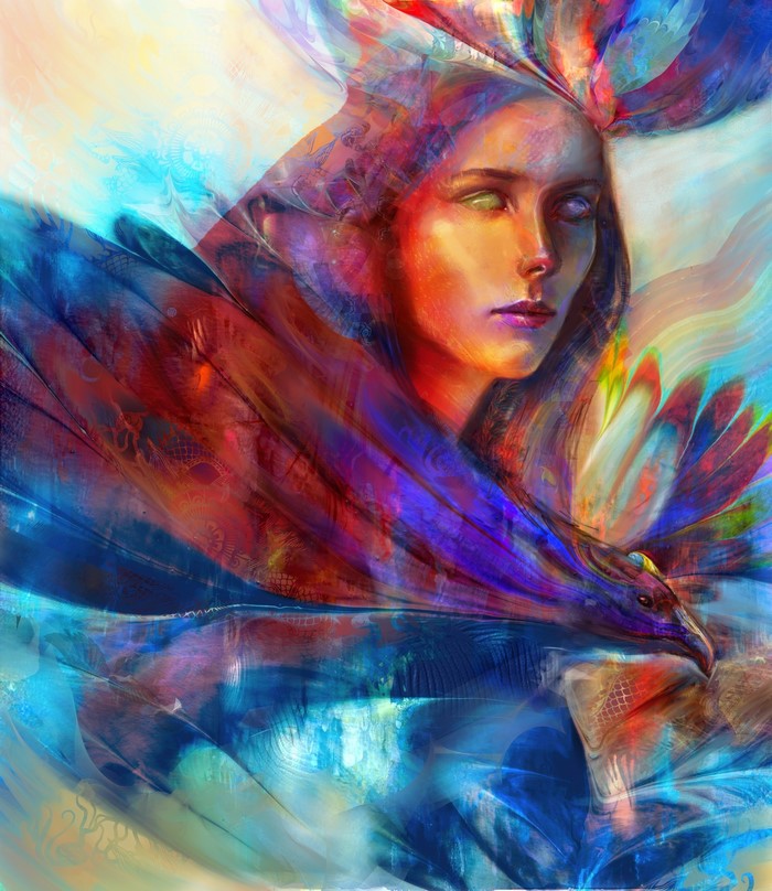 Woman with a bird-like headdress and wings