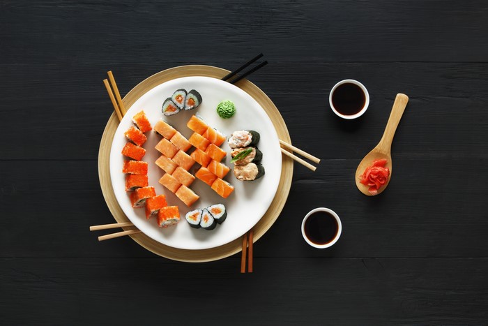 Sushi and Sashimi Platter with Soy Sauce and Ginger