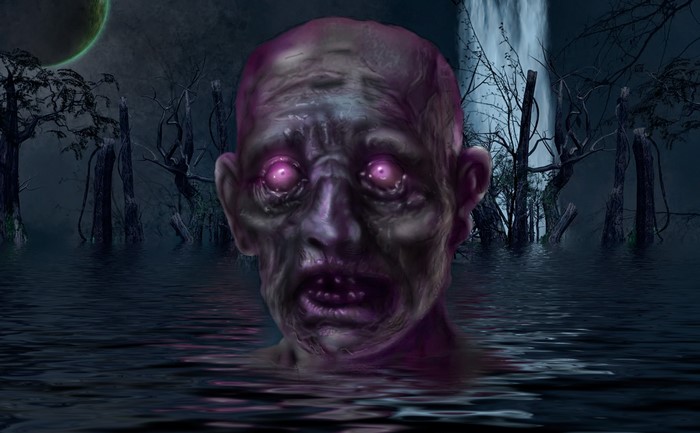 Zombie head emerging from dark water with glowing eyes