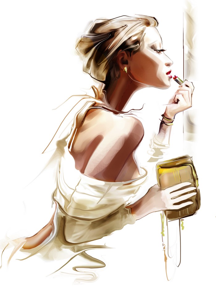 Painting of a woman applying lipstick