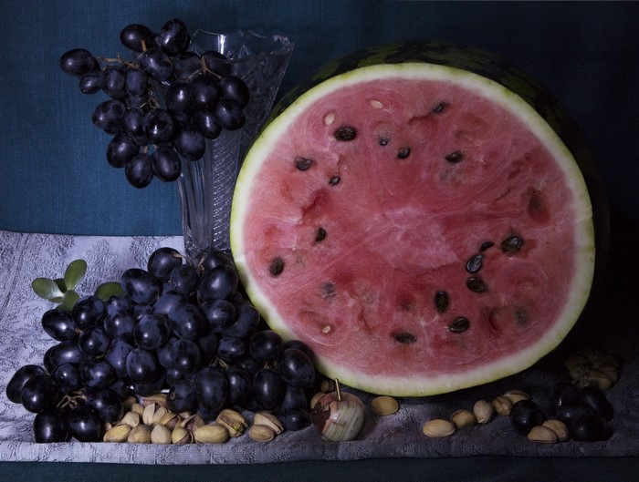 Grapes, Watermelon, and Nuts Still Life